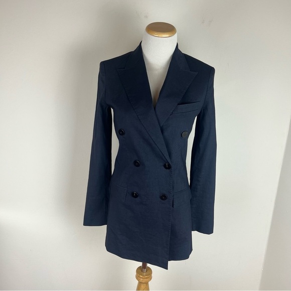 Theory Double Breasted DB Tailor Jacket Blazer Linen Navy Blue Size 00 - Picture 1 of 6